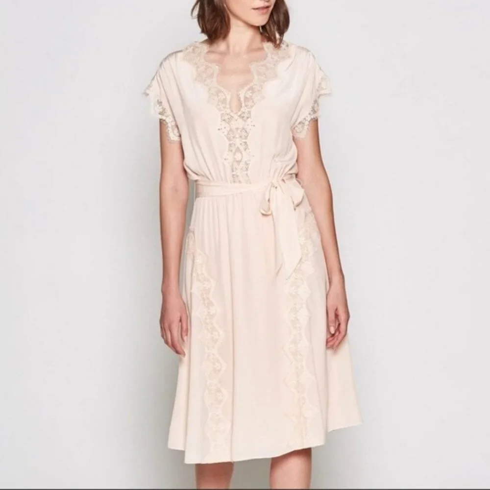 Women's JOIE Magdelen 100% Silk Peach Cream Lace Baby Pink Midi Dress Size XS - Picture 1 of 9